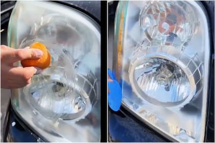 El procedimiento busca cortar una naranja por la mitad, apoyar su pulpa en bicarbonato de sodio y frotar la mezcla sobre el faro con movimientos circulares