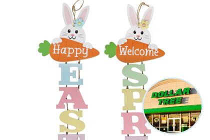 El producto que comercializa Dollar Tree consiste en un conejo blanco que sostiene una gran y jugosa zanahoria, mientras mira fijamente un mensaje de Pascua (Canva)