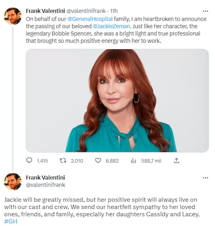 El productor ejecutivo de General Hospital dio a conocer la muerte de Jacklyn Zeman