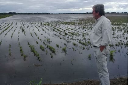 El productor Ernesto Lalo Ivan, frente a un lote totalmente bajo agua