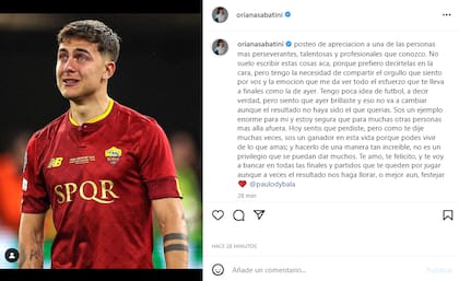 El profundo posteo que Oriana Sabatini le dedicó a Paulo Dybala tras perder la final de la Europa League (Foto: Instagram @orianasabatini)