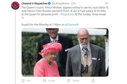 El programa televisivo Channel 4 Dispatches publicó un fragmento de la charla con el príncipe Michael, donde aceptó vender sus servicios como miembro de la realeza