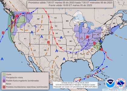 El pronóstico del clima en EE.UU. para el 5 de diciembre señala amplias zonas de precipitaciones en el noreste del país, aunque el pronóstico de nieve es limitado