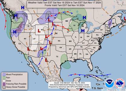 El pronóstico del clima en EE.UU. para este sábado 16 de noviembre, según el Servicio Nacional de Meteorología