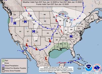 El pronóstico del tiempo en EE.UU. para el domingo 12 de enero de 2025