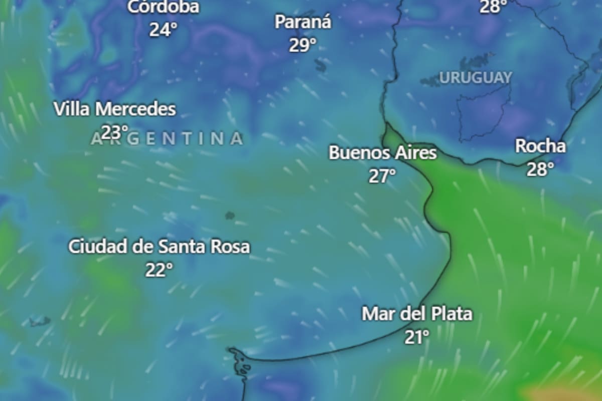 El pronóstico del tiempo para CABA este fin de semana marca probabilidad de tormentas aisladas y un descenso en la temperatura (Fuente: Windy)