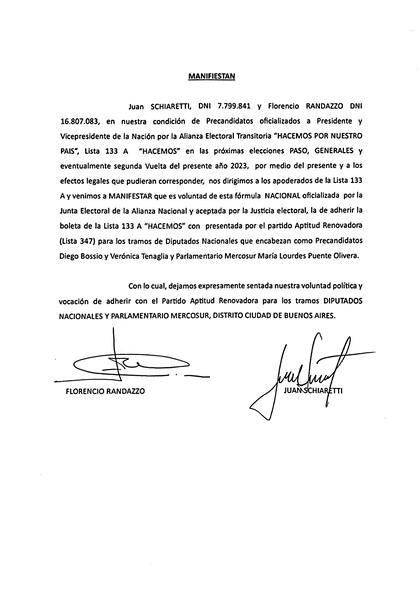El pronunciamiento de Juan Schiaretti y Florencio Randazzo