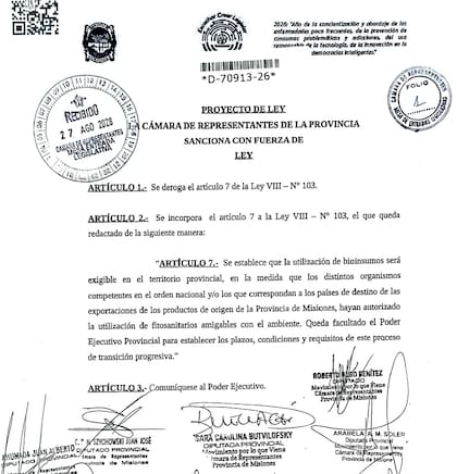 El proyecto de ley, un texto de dos artículos, que deroga la prohibición del glifosato