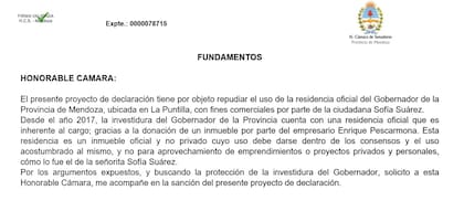 El proyecto de repudio presentado por el Frente de Todos después del baile de la hija de Suárez en la residencia oficial
