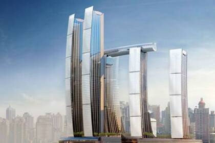 El proyecto Raffles City Chongqing tiene la particularidad de tener un puente a 250 metros de altura une a los ocho edificios.