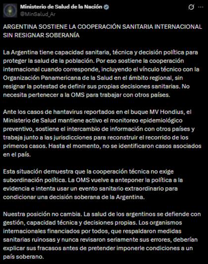 El publicado del Ministerio de Salud contra la Organización Mundial de la Salud (OMS)
