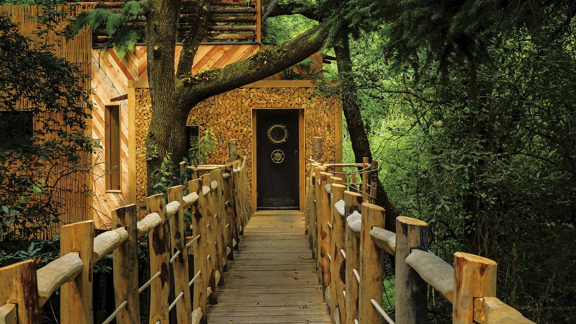 El puente colgante es largo por motivos de altura, pero también para actuar como fuelle sensorial con lo que espera adentro, tras la sugestiva puerta tipo camarote
