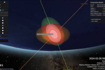 El punto de impacto entre los satélites TIMED y Cosmos 2221, según lo calculó LeoLabs; el 28 de febrero pasaron a menos de 20 metros uno del otro, a más de 28.000 km por hora de velocidad