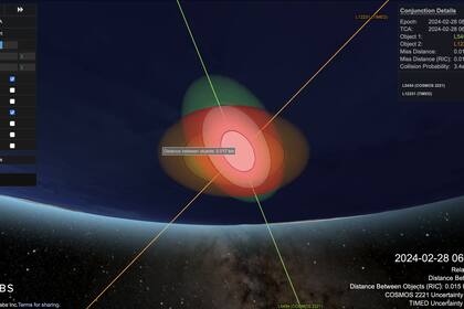 El punto de impacto entre los satélites TIMED y Cosmos 2221, según lo calculó LeoLabs; el 28 de febrero pasaron a menos de 20 metros uno del otro, a más de 28.000 km por hora de velocidad
