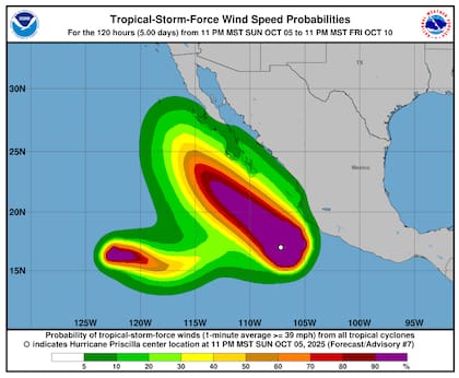 El radio de vientos con fuerza de huracán de Priscilla se extiende hasta 35 millas náuticas (65 km) al sureste de su centro, mientras que los vientos con fuerza de tormenta tropical alcanzan una extensión considerable de 170 millas náuticas (315 km) al noreste del centro del sistema
