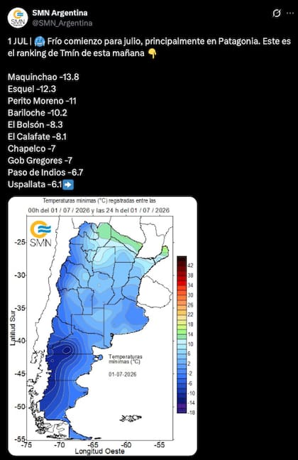 El ranking de temperaturas mínimas del SMN