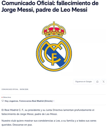 El Real Madrid se sumó a los saludos para la familia de Jorge Messi