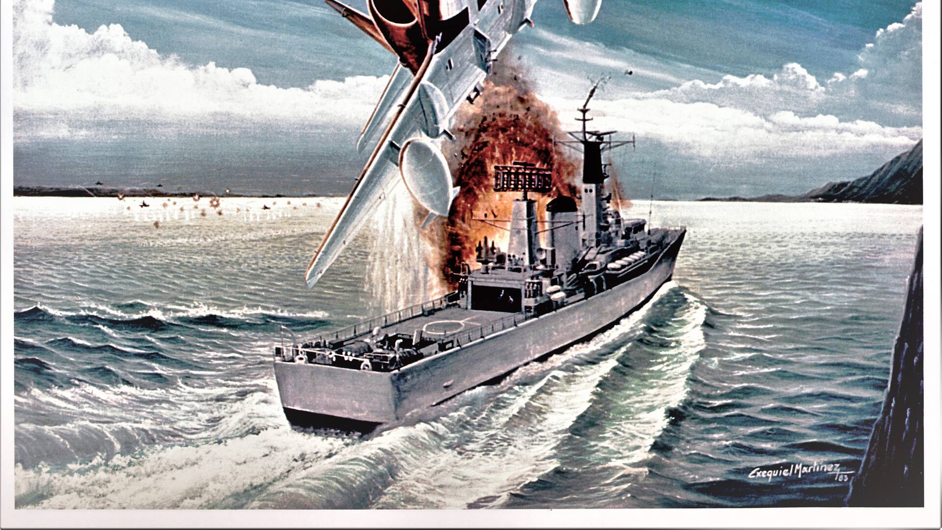 El realismo del reconocido y afamado pintor aeronáutico Exequiel Martínez. Así retrató, en una pintura al óleo, el ataque a la fragata HMS Argonaut. (Gentileza de www. exequielmartinez.com.ar)