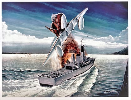El realismo del reconocido y afamado pintor aeronáutico Exequiel Martínez. Así retrató, en una pintura al óleo, el ataque a la fragata HMS Argonaut. (Gentileza de www. exequielmartinez.com.ar)