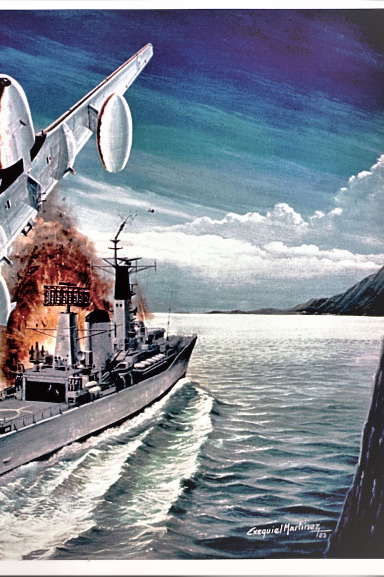 El realismo del reconocido y afamado pintor aeronáutico Exequiel Martínez. Así retrató, en una pintura al óleo, el ataque a la fragata HMS Argonaut. (Gentileza de www. exequielmartinez.com.ar)