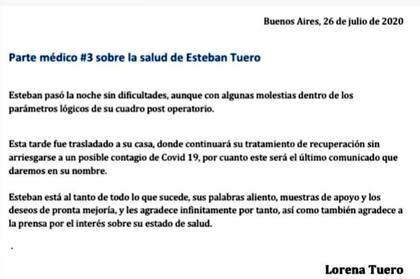 El reciente parte médico sobre la salud de Esteban Tuero