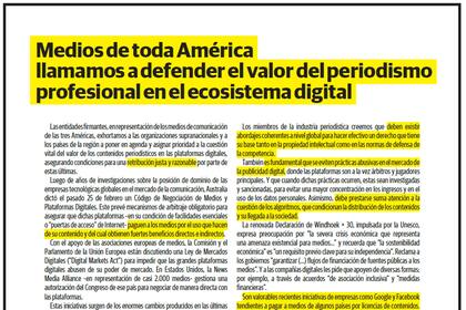 El reclamo de las principales entidades de medios de comunicación de las Américas