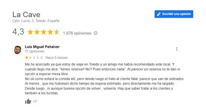 El reclamo del cliente al restaurante de Toledo (Foto: Captura de Google)