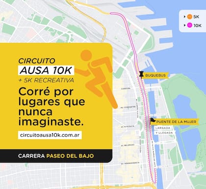 El recorrido de la carrera organizada por AUSA en sus dos modalidades; se realizará el domingo 5 de junio en el Paseo del Bajo