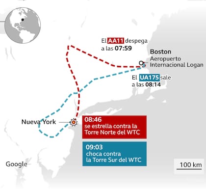 El recorrido de los aviones que impactaron contra las Torres Gemelas del World Trade Center