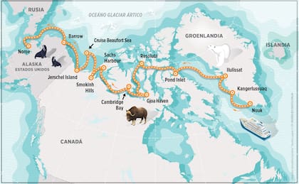 El recorrido del crucero, desde Groenlandia hasta Alaska en 24 días.