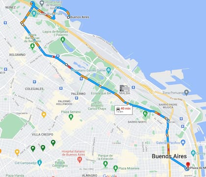 El recorrido que harán los tractores. A las 12 se juntarán con camionetas en Udaondo y Avenida Del Libertador para marchar hacia Plaza de Mayo