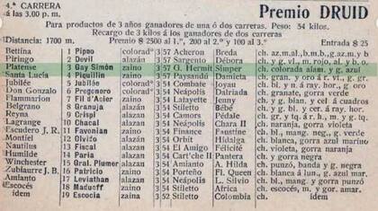 El recorte del Premio Druid, con Gay Simon con el número 3, que forma parte del museo del club Platense, junto al cronómetro que se utilizó en esa carrera.