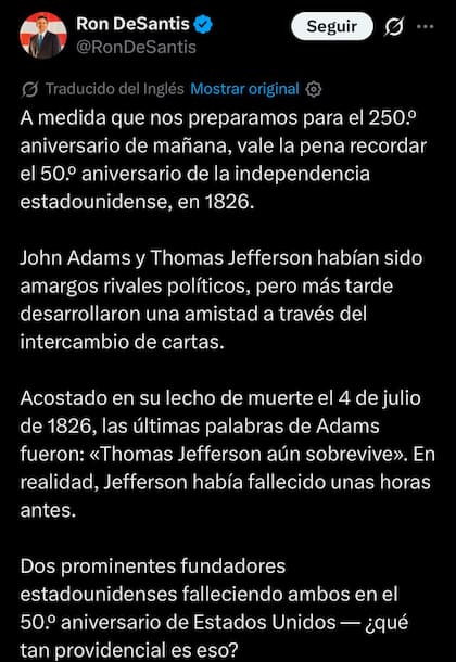 El recuerdo de DeSantis sobre dos fundadores estadounidenses que fallecieron el mismo día