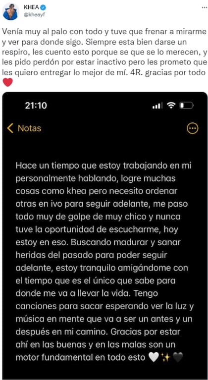 El reflexivo mensaje de Khea, que compartió en redes sociales. Foto/Instagram: @khea.yf
