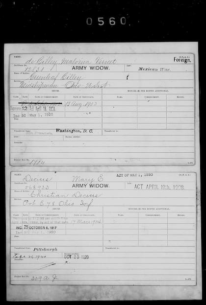 El registro de pensiones de la Marina de los Estados Unidos que muestra a Malvina como viuda de Greenleaf Cilley, veterano de la guerra con México