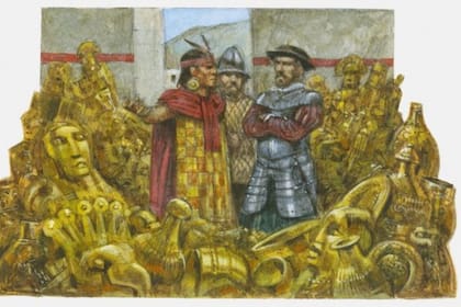 El reino inca era, en 1533, el más poderoso del hemisferio sur; en esta ilustración se observa a Atahualpa y a Franscisco Pizarro