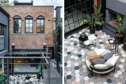 El renovado frente de ladrillo acentúa el estilo fabril. El patio con piso de calcáreos de distintos tonos funciona como extensión del living incluso en invierno, gracias a la chimenea.