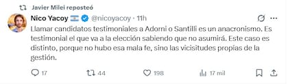 El reposteo de Milei tras ser cuestionado por las candidaturas testimoniales.