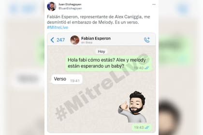 El representante de Alex Caniggia habló de los rumores de embarazo (Foto: @JuanEtchegoyen)