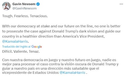 El respaldo de Gavin Newsom a la postulación de Kamala Harris