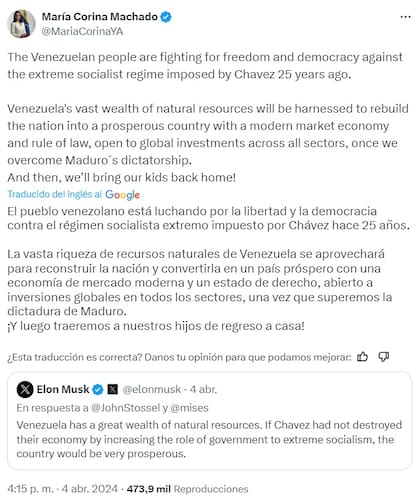 El respaldo de María Corina Machado a las críticas de Elon Musk