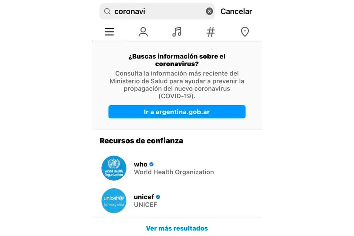El resultado a una búsqueda sobre coronavirus que ofrece una aplicación de Instagram en Android sin que se cierre la app