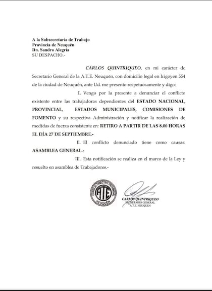 La carta del secretario general de la Asociación de Trabajadores del Estado, Carlos Quintriqueo