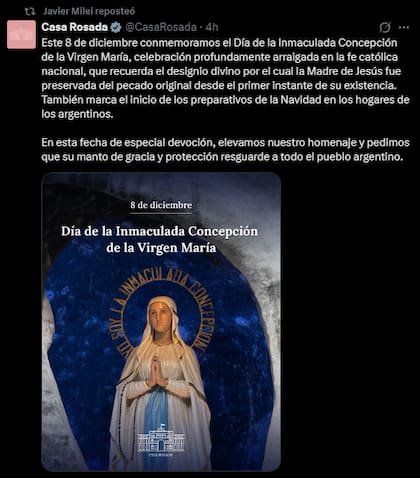 El retuit de Milei, este 8 de diciembre