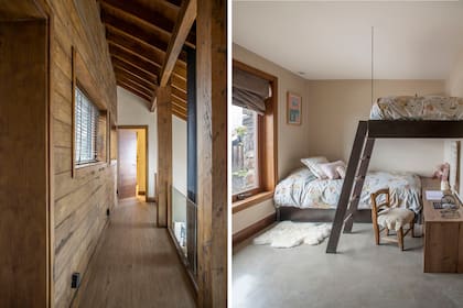 El revestimiento de la circulación es de pino tratado y pintado. Para ganar luz, abrieron una ventana hacia el living. En la habitación de su hija aprovecharon la altura para instalar una segunda cama, para cuando se queda a dormir alguna amiga.