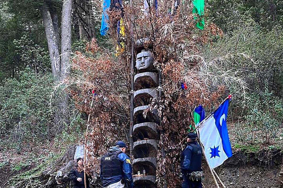 El rewe emplazado por la comunidad mapuche en el predio de Parques Nacionales de Villa Mascardi