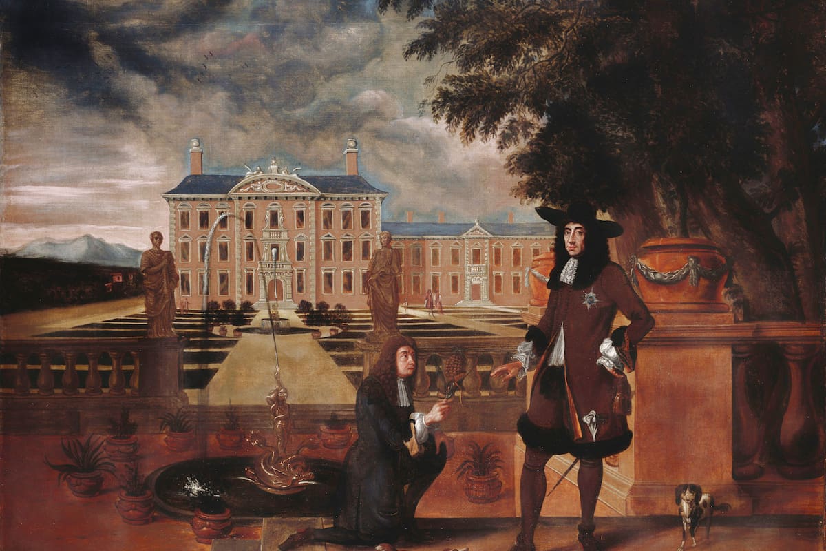 El rey Carlos II recibe el primer ananá cultivado en Inglaterra de manos de su jardinero real, John Rose. Obra de Hendrick Danckerts. Colección Real