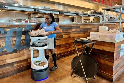 El robot desarrollado por Bear Robotics, Eddie, ayuda a los meseros a entregar comida en Angler & Ale, en Hawks Cay Resort.