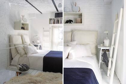 Dos grandes almohadones dan respaldo a la cama baja con sábanas blancas y pie de cama en contrastante negro (Editor Market). Completan la escena un estante rectangular amurado con lámpara circular, pantera negra (Kikely), un conejo de MDF y un pupitre antiguo pintado de blanco como mesa de luz