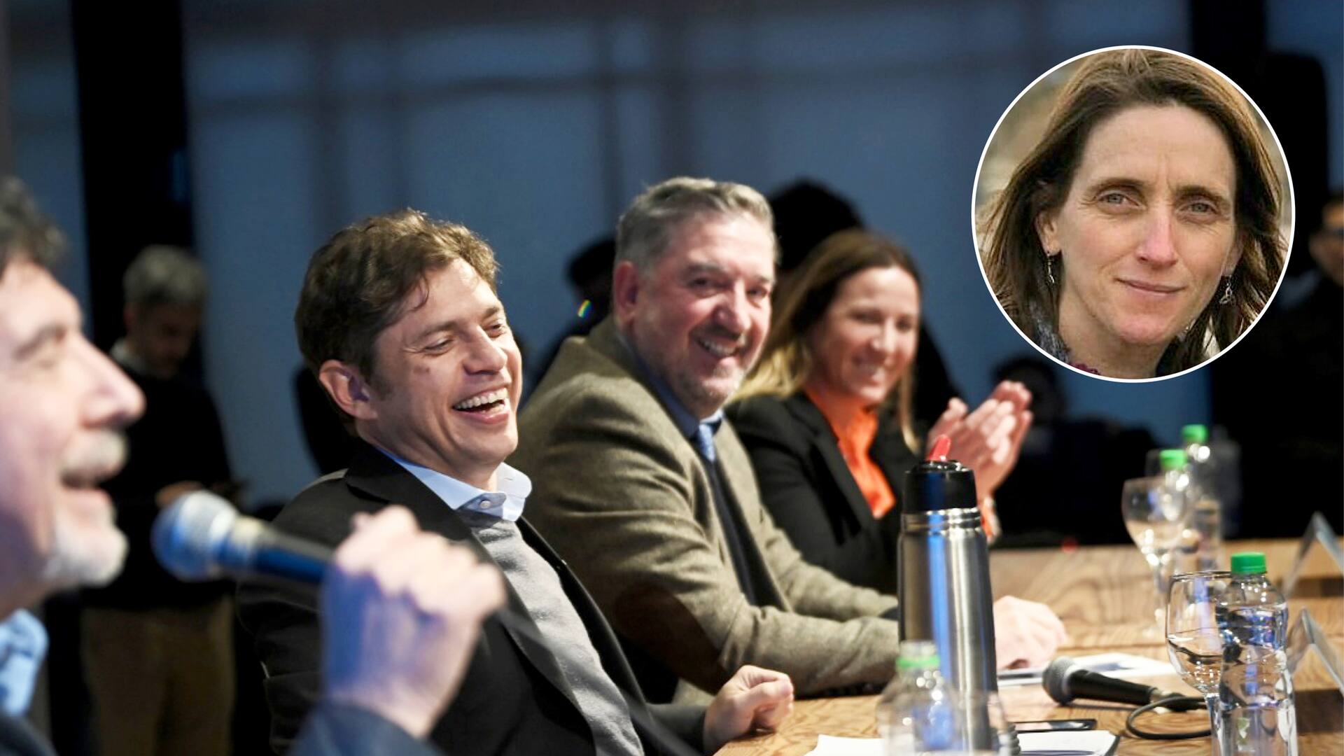 El rostro de Catalina, una madre que integra el grupo de Padres Organizados, sobre una imagen de Kicillof en Junín que el gobernador compartió en sus redes sociales